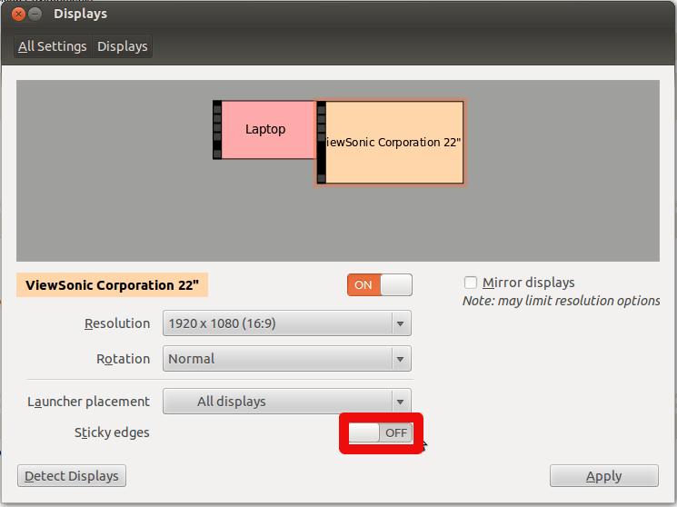 Ubuntu Display Settings Dialog - Sticky edges
